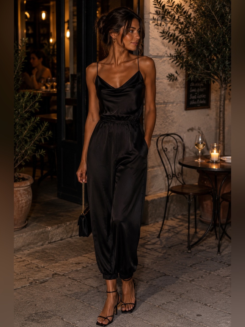 Black Satin Jumpsuit Spaghetti Strap One Piece Size S